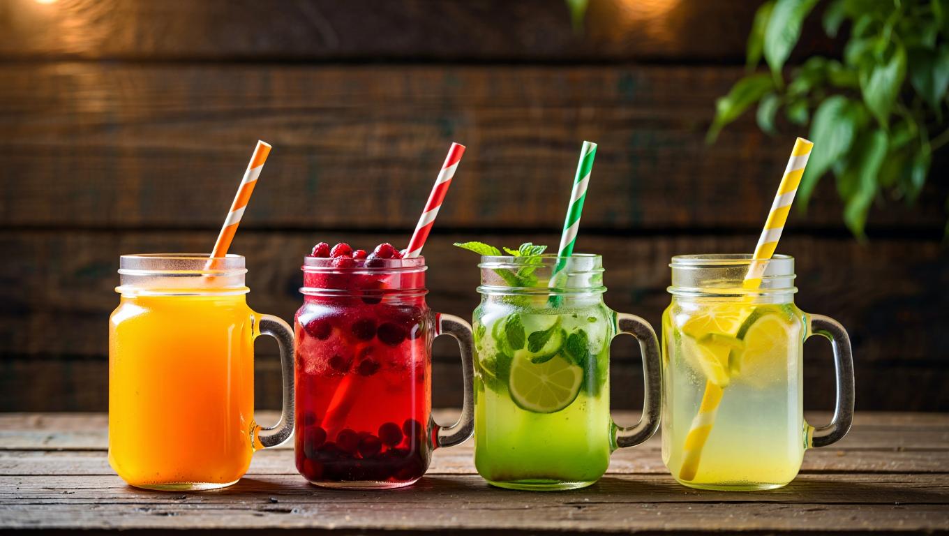 Освежающие безалкогольные коктейли с фруктами и ягодами в стеклянных банках